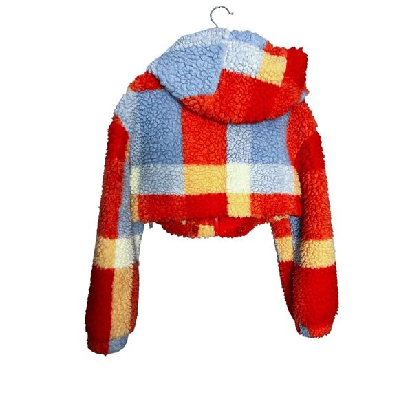 Anthropologie Daily Practice Faux Shearling Crop Zip-Up Jacket Orange Plaid XS - Picture 9 of 9